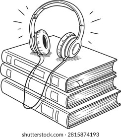 Headphones resting on a stack of books sketch
