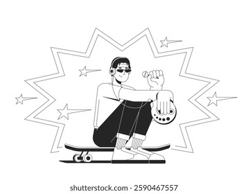 Headphones retro skater eating lollipop with CD player black and white 2D illustration concept. 90s music, y2k boy sitting on skateboard outline character isolated. Metaphor monochrome vector art