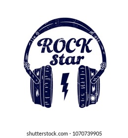 Headphones  with rock star typography.Vector print.