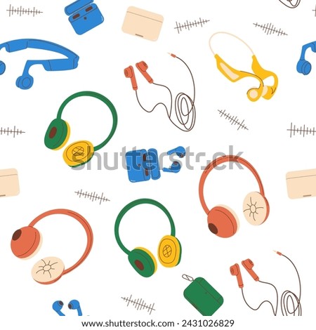 Headphones seamless pattern. Earphones endless background. Headset listening music cover. Vector flat illustration.
