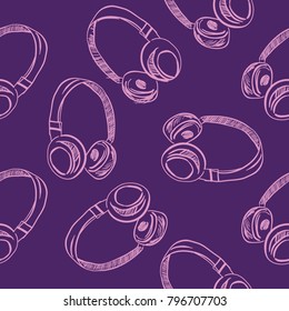 Headphones seamless pattern. Hand drawn illustration