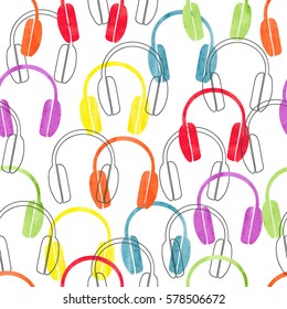 Headphones seamless pattern. Vector colorful music background with earphones. 