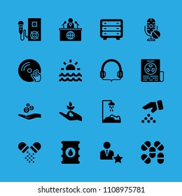 headphones, seeds, shower, microphone, manager, news reporter, pills, sunrise and barrel vector icon. Simple icons set