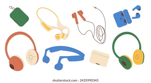 Headphones set isolated on white background. Wired, wireless and bone conduction audio equipment for music listening. Earbuds devices accessory in case. Vector flat illustration. svg
