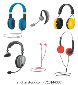 Headphones set: music, protective, with a microphone, hands free, in-ear and retro. Earphones vector cartoon icons isolated on white background.