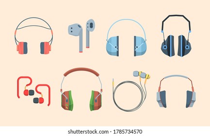 Auriculares listos. Elegantes audífonos escuchando archivos de audio y gamers especiales de música que transmiten móviles portátiles para smartphones tecnología inalámbrica moderna y excelente disponibilidad de sonido. Vector digital.