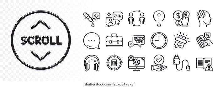 Headphones, Settings and Money currency line icons for web app. Glare of light effect. Message icon. Pack of Portfolio, Approved checkbox, Consulting pictogram icons. Vector