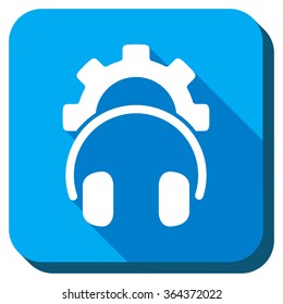 Headphones Settings vector icon. Style is rounded square light blue button with long shadows. Symbol color is white.