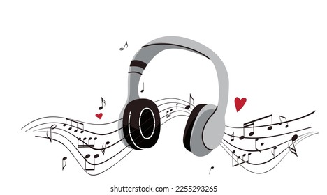 Headphones, sheet music with notes vector illustration. Concept musical background design in simple flat modern style, isolated on white.