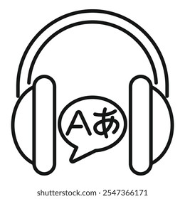 Headphones showing speech bubble with japanese and latin letters for learning languages icon outline vector
