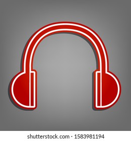 Headphones sign illustration. Flat red icon with linear white icon with gray shadow at grayish background. Illustration.