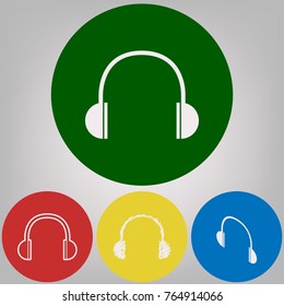 Headphones sign illustration. Vector. 4 white styles of icon at 4 colored circles on light gray background.