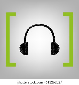 Headphones sign illustration. Vector. Black scribble icon in citron brackets on grayish background.