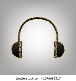 Headphones sign illustration. Vector. Blackish icon with golden stars at grayish background.