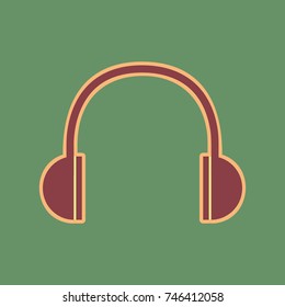 Headphones sign illustration. Vector. Cordovan icon and mellow apricot halo with light khaki filled space at russian green background.