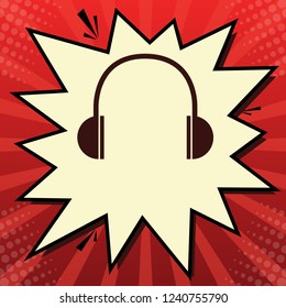 Headphones sign illustration. Vector. Dark red icon in lemon chiffon shutter bubble at red popart background with rays.