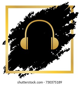 Headphones sign illustration. Vector. Golden icon at black spot inside golden frame on white background.