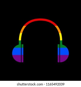 Headphones sign illustration. Vector. Icon with colors of LGBT flag at black background.