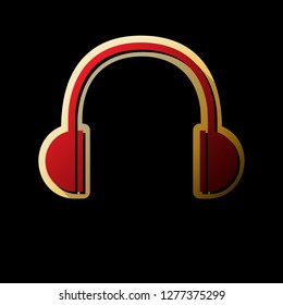 Headphones sign illustration. Vector. Red icon with small black and limitless shadows at golden sticker on black background.