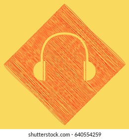 Headphones sign illustration. Vector. Red scribble icon obtained as a result of subtraction rhomb and path. Royal yellow background.