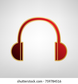 Headphones sign illustration. Vector. Red icon on gold sticker at light gray background.