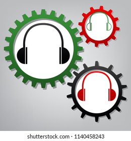 Headphones sign illustration. Vector. Three connected gears with icons at grayish background.