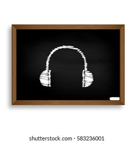 Headphones sign illustration. White chalk icon on black school b