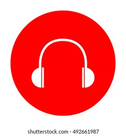 Headphones sign illustration. White icon on red circle.