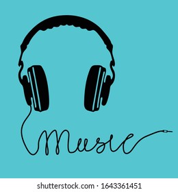 Headphones Silhouette With Text Music Cable Vector