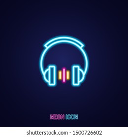 headphones simple luminous neon outline colorful icon on blue background