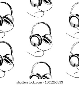 Headphones sketch pattern. Hand-drawn black headphones  on white background. Seamless vector backdrop