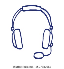 Boceto de los auriculares. Podcast o elemento de música. Ilustración para difusión. Icono de Vector dibujado a mano. Dibujo azul del bolígrafo o del marcador. Imagen de niños primitivos