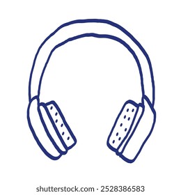 Boceto de los auriculares. Podcast o elemento de música. Ilustración para difusión. Icono de Vector dibujado a mano. Dibujo azul del bolígrafo o del marcador. Imagen de niños primitivos