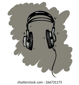 Headphones. Sketchy image in shades of gray, made in the rough, sloppy manner