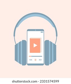 Headphones and a smartphone with an audiobook on the display. Flat vector illustration