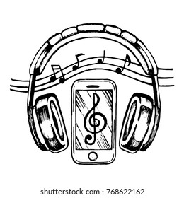 Headphones and smartphone doodle sketch style with musical notes. Hand drawing vector illustration.