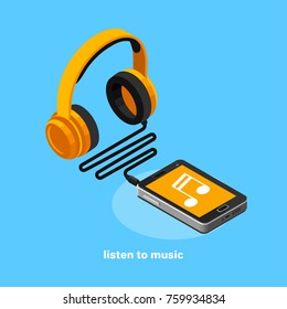 headphones and smartphone, icon in isometric style, listen to music