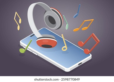 Headphones, smartphone and music notes. Symbols floating objects. Streaming service concept. 3d flat isometric vector illustration.