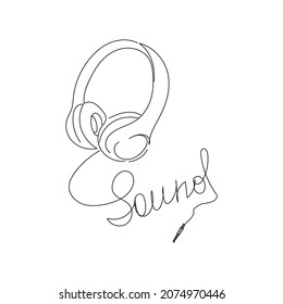 Headphones and sound sign, music symbol in line art style. Black linear sketch isolated on white background. Vector illustration, concept for logo, label, symbol, card, banner, poster, flyer