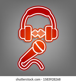 Headphones with sound wave and microphone sign. Flat red icon with linear white icon with gray shadow at grayish background. Illustration.