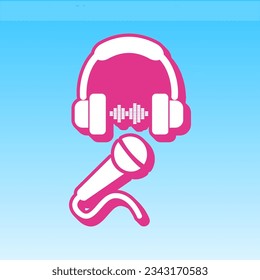 Headphones with sound wave and microphone sign. Cerise pink (Barbie) with white Icon at picton blue background. Illustration.