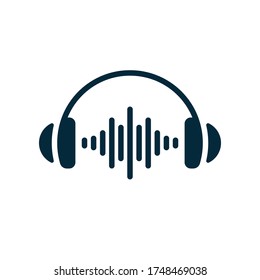 Headphones and sound waves on white background. Flat vector headphones design.