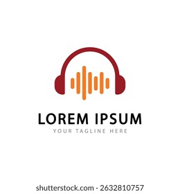 Headphones and sound waves on white background. Flat vector headphones design.