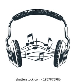 Headphones with a sounding song with notes. Headphones for music or a headset. Hand drawing.  Isolated on a white background.