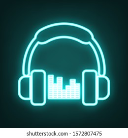 Headphones with spectrum bars or equalizer sign. Cyan neon icon in the dark. Bluring. Luminescence. Illustration.
