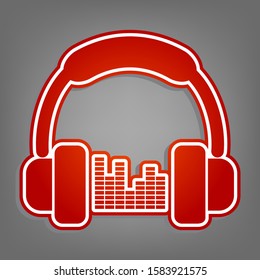 Headphones with spectrum bars or equalizer sign. Flat red icon with linear white icon with gray shadow at grayish background. Illustration.
