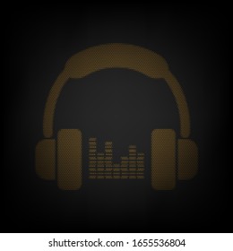 Headphones with spectrum bars or equalizer sign. Icon as grid of small orange light bulb in darkness. Illustration.
