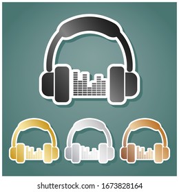 Headphones with spectrum bars or equalizer sign. Set of metallic Icons with gray, gold, silver and bronze gradient with white contour and shadow at viridan background. Illustration.
