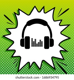 Auriculares con barras de espectro o signo de ecualizador. Icono negro sobre la parte blanca Splash en fondo verde con puntos blancos.  Ilustración.
