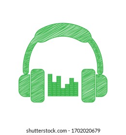 Headphones with spectrum bars or equalizer sign. Green scribble Icon with solid contour on white background. Illustration.